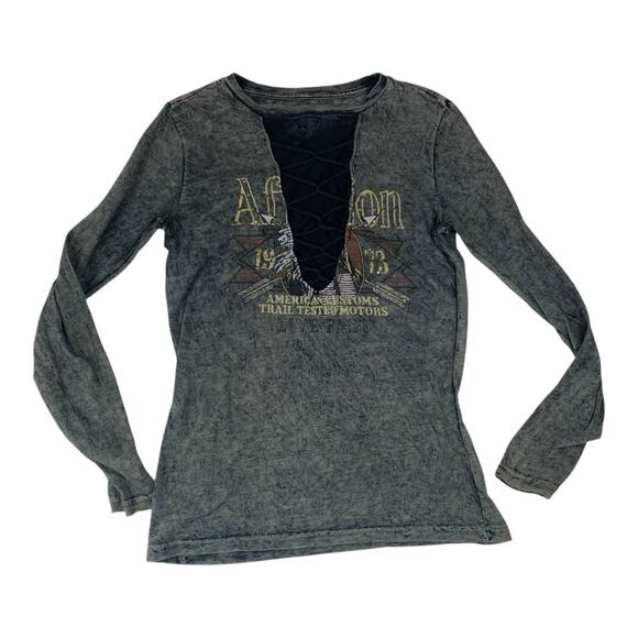 Afflicition women's medium long sleeve acid wash shirt gray black cutout mesh y2 - Picture 1 of 8